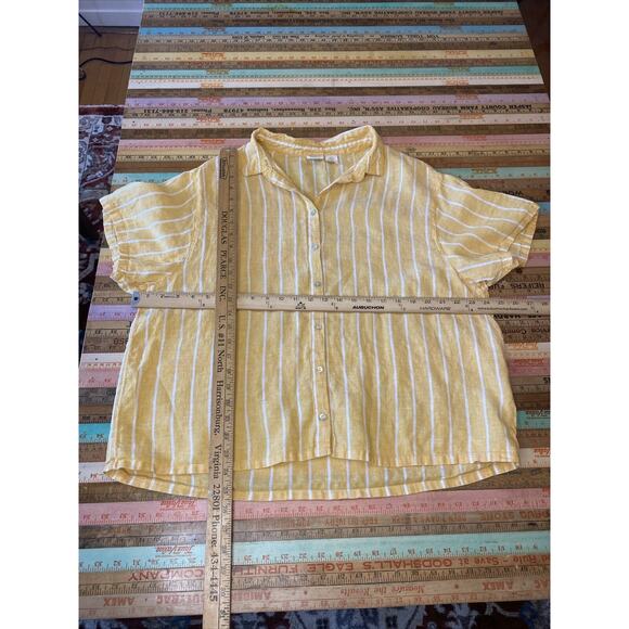 C & C California Top Womens XL 100% LINEN Off Yellow Stripe Button Up Shirt - Picture 9 of 12
